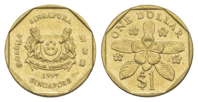 Сингапур 1 доллар 1997 барвинок KM 103 алюминиевая бронза UNC 4633-236