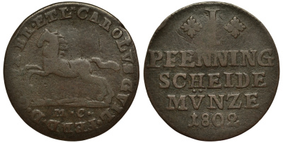 БРАУНШВЕЙГ-ВОЛЬФЕНБЮТТЕЛЬ 1 ПФЕННИГ 1802 MC, КАРЛ ВИЛЬГЕЛЬМ ФЕРДИНАНД (1780-1806) KM 995 медь 4513-126