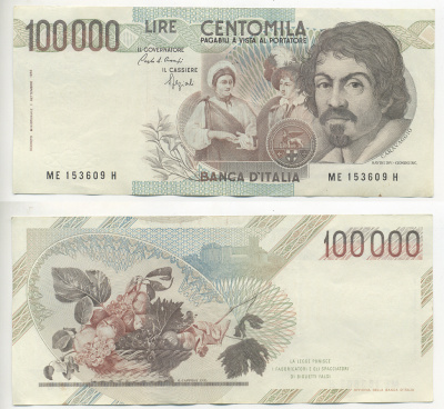 Италия 100000 лир 1983 Караваджо, фруктовый букет, подпись Speziali Pick 110b бумага 7220-25-2