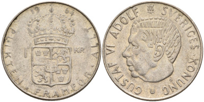 Швеция 1 крона 1964 U, Густав VI Адольф (1950-1973) KM 826 серебро 4150-141