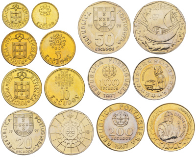 Португалия годовой набор из 7 монет (1, 5, 10, 20, 50, 100 и 200 эскудо) 1997 тираж 20.000 экземпляров KM 631, 632, 633, 634, 636, 645 и 655 BU 3897-1141-1146
