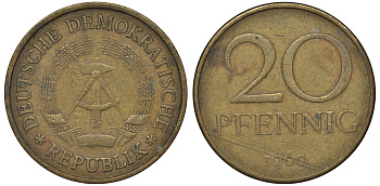 ГДР 20 пфеннигов 1969 А, первый год KM 11 латунь 62-1013