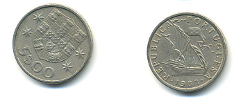 ПОРТУГАЛИЯ 5 ЭСКУДО 1983 ПАРУСНИК KM 591 медно-никель 176-937