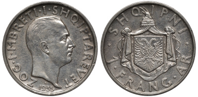 Албания 1 франга ари 1935 R, Ахмет Зогу I (1928-1939) KM 16 серебро 441-1521