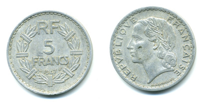 ФРАНЦИЯ 5 ФРАНКОВ 1947 OPEN 9 KM 888b.1 алюминий 47-646