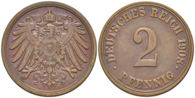 ГЕРМАНИЯ 2 ПФЕННИГА 1908 A KM 16, J. 11, Weege 4 медь 206-543