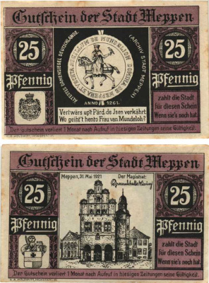 МЕППЕН 25 ПФЕННИГОВ 1921 НОТГЕЛЬД, 31 МАЯ 1921, ЗЕМЛЯ НИЖНЯЯ САКСОНИЯ Grabowski 883.1 бумага 8608-1-1-1