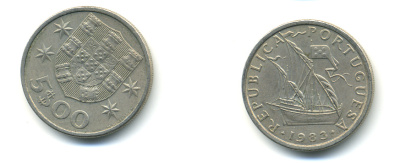 ПОРТУГАЛИЯ 5 ЭСКУДО 1983 ПАРУСНИК KM 591 медно-никель 176-937