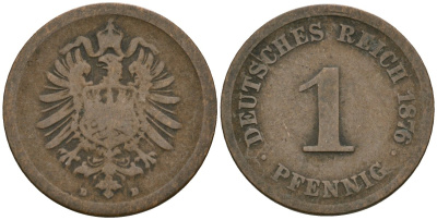 Германия 1 пфенниг 1876 D, Вильгельм I (1871-1888) KM 1, J. 1 медь 4173-827