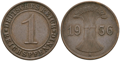Германия 1 рейхспфенниг 1936 A KM 37, J. 313 бронза 4549-236