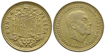 ИСПАНИЯ 1 ПЕСЕТА 1966 (73) ФРАНСИСКО ФРАНКО ДИКТАТОР ИСПАНИИ (1939-1975) КМ 796 алюминиевая бронза 4364-4422