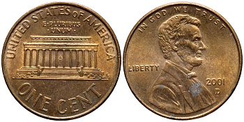 США 1 ЦЕНТ 2001 D, ЛИНКОЛЬН KM 201b цинк плакированный медью 4396-461