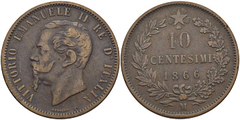 ИТАЛИЯ 10 ЧЕНТЕЗИМО 1866 М, ВИКТОР ЭММАНУИЛ II (1861-1878) KM 11.1 медь 97-1014