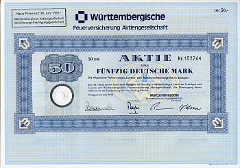 ФРГ 50 марок 1978 Акционерное общество по страхованию от пожаров Вюртемберга, акция   бумага   8803-94-1