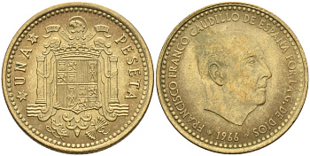 Испания 1 песета 1966 (71) Франсиско Франко (1939-1975) KM 796 алюминиевая бронза 4604-411