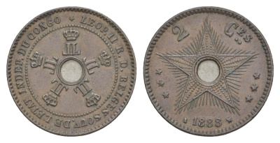 Бельгийское Конго 2 сантима 1888 Свободное государство Конго, Леопольд II (1865-1909) KM 2 медь 4127-432