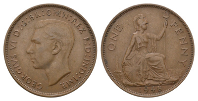 Великобритания 1 пенни 1948 Георг VI (1936-1952) KM 845, Spink 4114 бронза 4653-516
