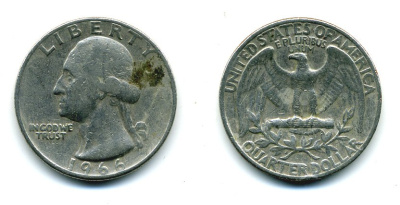 США 25 центов (квотер) 1966 Вашингтон KM 164a медь плакированная медно-никелем 46-1851