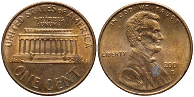 США 1 ЦЕНТ 2001 D, ЛИНКОЛЬН KM 201b цинк плакированный медью 4396-461