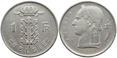 БЕЛЬГИЯ 1 ФРАНК 1951 BELGIE KM 143.1 медно-никель 4390-154