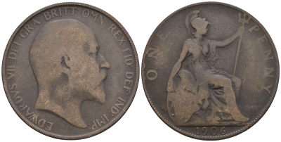 Великобритания 1 пенни 1906 Эдуард VII (1901-1910) KM 794.2, Spink 3990 бронза 4607-1015