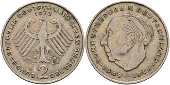 ФРГ 2 марки 1972 D, Конрад Аденауэр KM 124, J. 406 медно-никель плакированный никелем 4159-1216