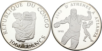Конго 1000 франков 1995 олимпийские игры 1996 года в Атланте, дискобол, тираж 15000 экз. KM 23 серебро PROOF 04-319-43