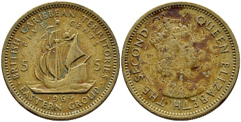 Британские Восточно-Карибские территории 5 центов 1964 Елизавета II (1952-2022), парусник KM 4 никель латунь 4391-935