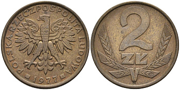 Польша 2 злотых 1977 монетный двор Ленинград (ЛМД) KM 80.1, Parchimowicz 217c латунь 4580-734