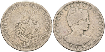 Бразилия 400 рейс 1901 голова свободы вправо KM 505 медно-никель 4367-142