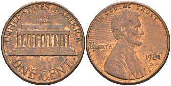 США 1 ЦЕНТ 1981 D, ЛИНКОЛЬН KM 201 медь цинк UNC 188-221