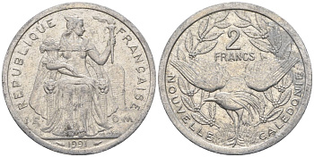 Французская Новая Каледония 2 франка 1991 птица кагу, (IEOM) KM 14, Schoen 11, Lec 67 алюминий    27-1245