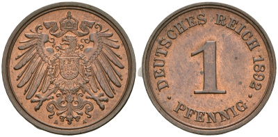 Германия 1 пфенниг 1892 A, Вильгельм II (1888-1918) KM 10, J. 10 медь aUNC 1525-521