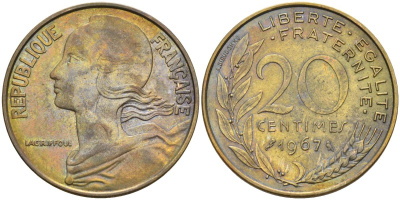 Франция 20 сантимов 1967 тип Marianne KM 930, Le Franc 156.7 медь алюминий никель 4592-1041