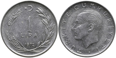 Турция 1 лира 1972 Мустафа Кемаль Ататюрк KM 889а.2 нержавеющая сталь 4364-3512