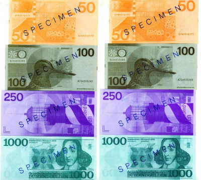НИДЕРЛАНДЫ НАБОР ИЗ 4 БАНКНОТ ND (50, 100, 250, 1000 ГУЛЬДЕНОВ) SPECIMEN бумага UNC (ПРЕСС) 7146-62-2-2