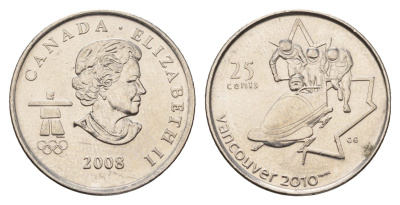 Канада 25 центов 2008 XXI зимние Олимпийские Игры, Ванкувер 2010 - Бобслей KM 841 сталь плакированная никелем UNC 110-256