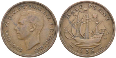 Великобритания 1/2 пенни 1938 Георг VI (1936-1952) KM 844, Spink 4115 бронза 110-413