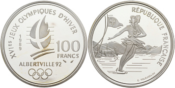 Франция 100 франков 1989 XVI Зимние Олимпийские игры 1992 в Альбервиле, парное фигурное катание KM 972 серебро PROOF 1091-9-42