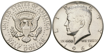 США 1/2 доллара (50 центов) 1966 Джон Кеннеди KM 202a серебро  UNC  4178-816