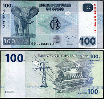 ДР Конго 100 франков 2013 слон, гидроэлектростанция "Инга II" Pick 98 b бумага UNC (пресс) 7221-38-3-1