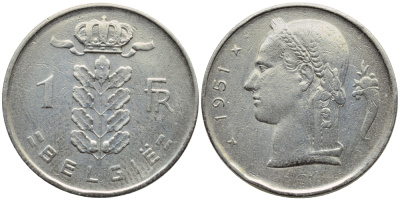 БЕЛЬГИЯ 1 ФРАНК 1951 BELGIE KM 143.1 медно-никель 4390-333
