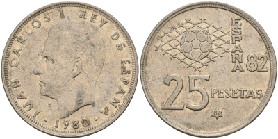 Испания 25 песет 1980 (82) Хуан Карлос I (1975 - 2014) KM 818 медно-никель 4149-1121