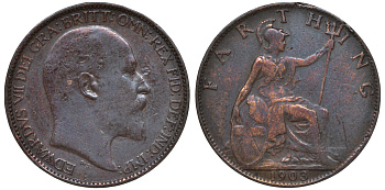 Великобритания 1 фартинг 1903 Эдуард VII (1901-1910), KM 792, Spink 3992 бронза 4609-1037