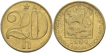 Чехословакия 20 геллеров 1984 KM 74 латунь 4152-842