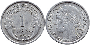 ФРАНЦИЯ 1 ФРАНК 1958 В KM 885а.2 алюминий 4397-715