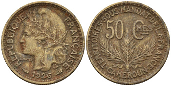 Камерун 50 сантимов 1926 (a), мондвор Париж KM 1 алюминиевая бронза 4164-1247