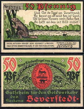 Беверштедт (Пруссия, Ганновер) 50 пфеннигов 1922 Mehl Grabowski 98.1-2/3 бумага UNC (пресс) 7556-52-3-2