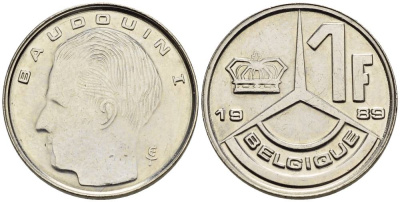 Бельгия 1 франк 1989 Belgique, Бодуэн I (1951-1993) KM 170 железо плакированное никелем 4528-1036