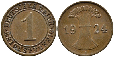 ГЕРМАНИЯ 1 РЕЙХСПФЕННИГ 1924 J KM 37, J.313 бронза 4387-1131